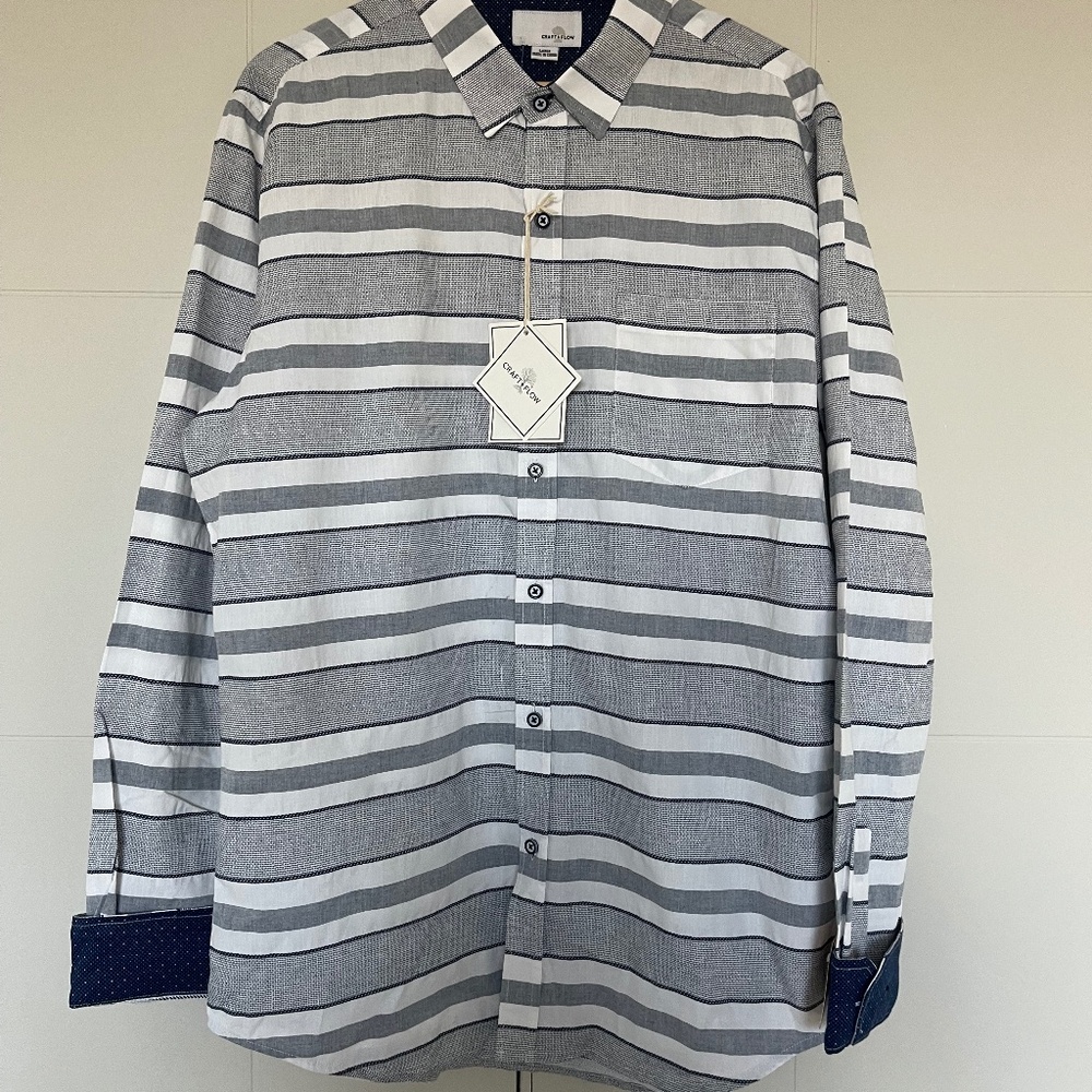 NWT Craft + Flow Men's Parker Long Sleeve Collard Navy Striped Button Up Size L